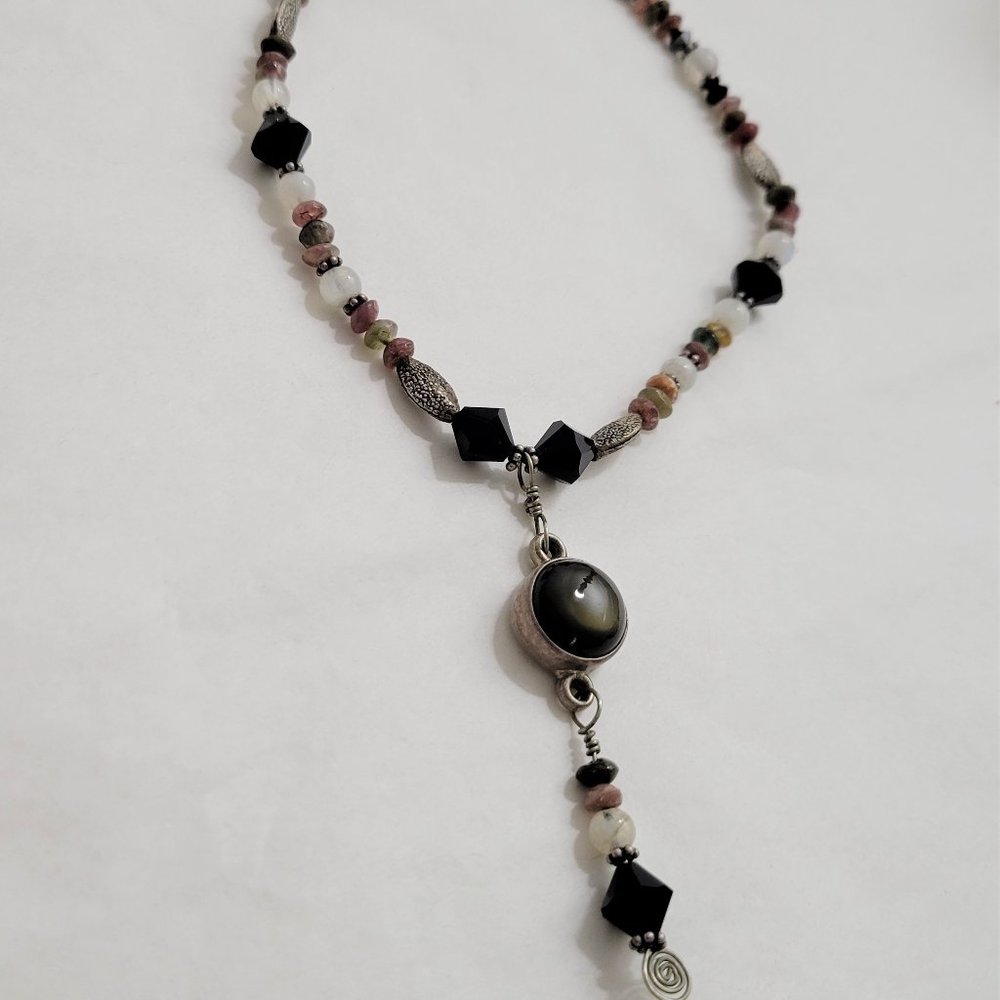 Artisan GREY and Light Milky Moonstone Sterling Silver Necklace Mix Gemstones